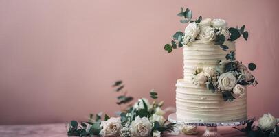 AI generated Wedding Cake With White Flowers on Table photo