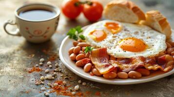 AI generated Plate of Eggs, Beans, and Toast on Table photo