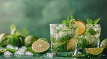 ai generado dos lentes de mojito con limas y menta foto