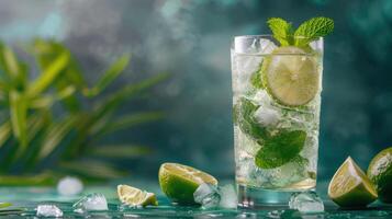 AI generated Refreshing Glass of Ice and Lime Slices photo