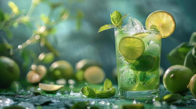 AI generated Two Glasses of Mojito With Limes and Mint photo