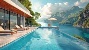 AI generated A Swimming Pool Overlooking the Ocean photo
