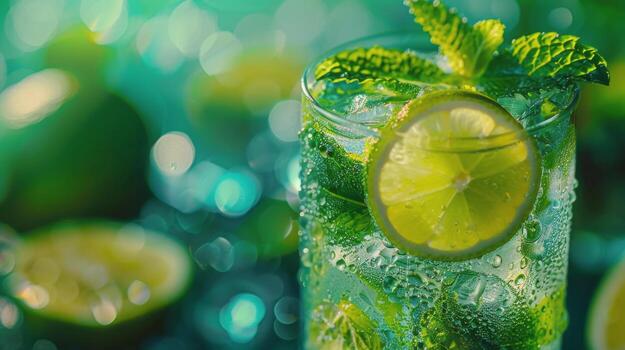 AI generated Refreshing Glass of Ice and Lime Slices photo