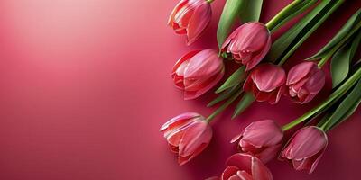 AI generated Pink Tulips Arranged on Red Background photo