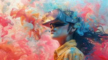 AI generated Woman Wearing Virtual Reality Headset in Front of Colorful Background photo