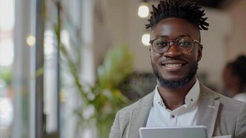 AI generated Man With Glasses Smiling at Laptop photo