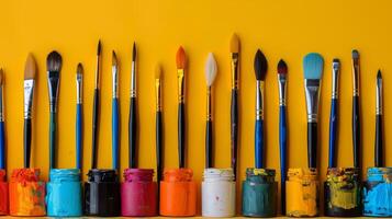 AI generated Row of Paint Brushes Against Yellow Wall photo