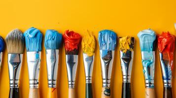 AI generated Row of Paint Brushes Against Yellow Wall photo