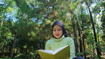 Relaxed muslim woman enjoying weekend at park, sitting on grass and reading book, empty space photo