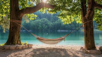 AI generated Hammock Hanging Between Two Trees on a Beach photo