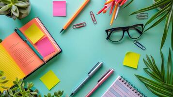 AI generated Table Covered With Office Supplies photo