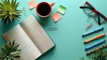 AI generated Table Covered With Office Supplies photo