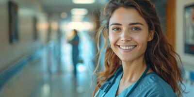 ai generado sonriente mujer en azul fregar traje con estetoscopio foto