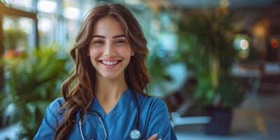 ai generado sonriente mujer en azul fregar traje con estetoscopio foto