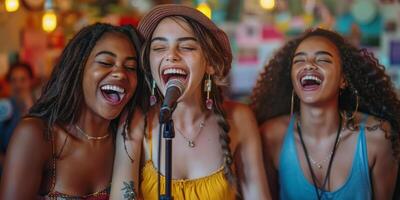 ai generado grupo de mujer canto dentro un micrófono foto