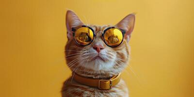 ai generado gato vistiendo lentes en amarillo antecedentes foto