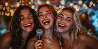 ai generado grupo de mujer canto dentro un micrófono foto