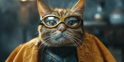 ai generado gato vistiendo capa y gafas de protección foto