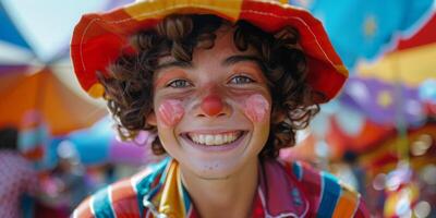 ai generado niño con payaso maquillaje y payaso sombrero foto