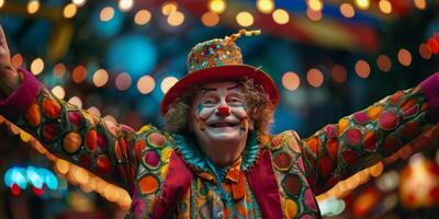 ai generado hombre con payaso nariz vistiendo sombrero y lentes foto