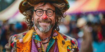 ai generado hombre con payaso nariz vistiendo sombrero y lentes foto