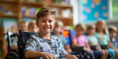 AI generated Young Boy in Wheelchair With Group of Children photo