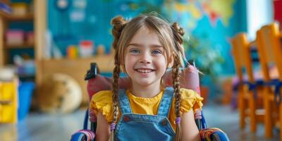 ai generado pequeño niña sentado en un silla sonriente foto