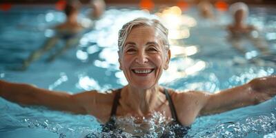 AI generated Older Woman Smiling in Swimming Pool photo