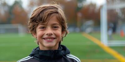 AI generated Young Boy Standing in Front of Soccer Field photo