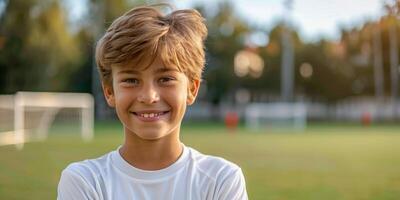 AI generated Young Boy Standing in Front of Soccer Field photo