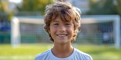 ai generado joven chico en pie en frente de fútbol objetivo foto