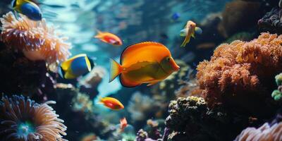 ai generado vibrante pescado nadando en grande acuario foto