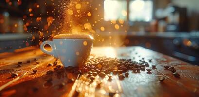 AI generated cup of coffee while beans are sitting on a wooden table photo