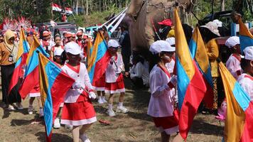 Ambarawa, August 17th 2023. Indonesian students bring red white flags in ceremony celebrating Independence Day. photo