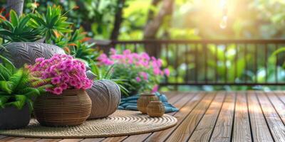 ai generado de madera cubierta con en conserva plantas foto