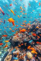 ai generado colegio de pescado nadando encima coral arrecife foto