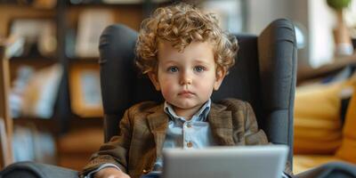 AI generated Little Boy Sitting in Chair With Laptop photo