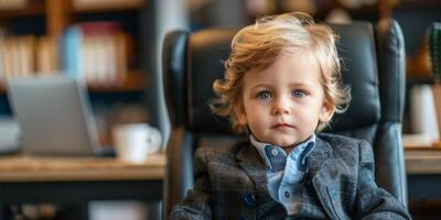 ai generado pequeño chico sentado en silla con ordenador portátil foto