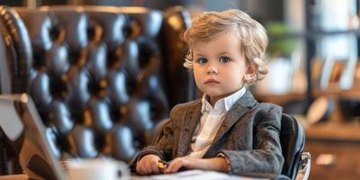 AI generated Little Boy Sitting at Table With Laptop photo