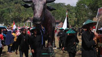 ambarawa, agosto 17 2023. indonesio agricultores vestir sombreros y traer banderas a el indonesio independencia día carnaval. foto