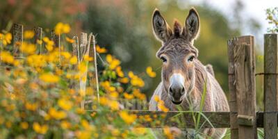 ai generado Burro mirando terminado cerca en campo foto