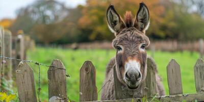 ai generado Burro mirando terminado cerca en campo foto