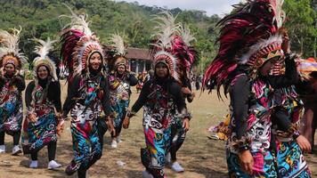 regir tradicional danza desde Indonesia a el indonesio independencia día carnaval evento. foto