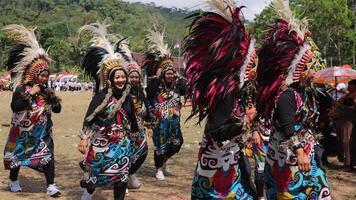 regir tradicional danza desde Indonesia a el indonesio independencia día carnaval evento. foto