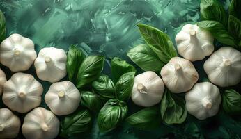 AI generated garlic, leaves and green on a white background photo