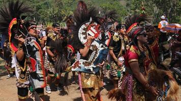 regir tradicional danza desde Indonesia a el indonesio independencia día carnaval evento. foto