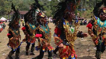 regir tradicional danza desde Indonesia a el indonesio independencia día carnaval evento. foto