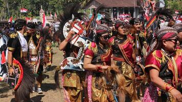 regir tradicional danza desde Indonesia a el indonesio independencia día carnaval evento. foto