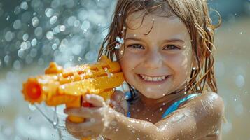 ai generado pequeño niña jugando con agua pistola foto