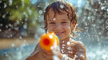 ai generado pequeño niña jugando con agua pistola foto